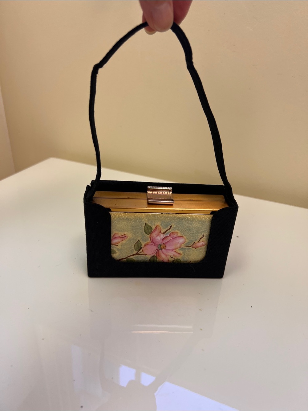 Black Evening Handbag with Pink Floral Panel